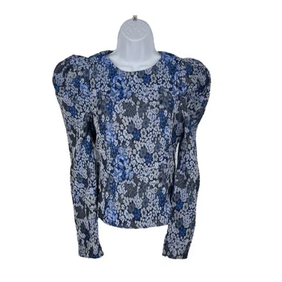 Hyacinth House Priscilla Puff Sleeve Top XS NWT Blue Jacquard Floral Blouse - Picture 3 of 11